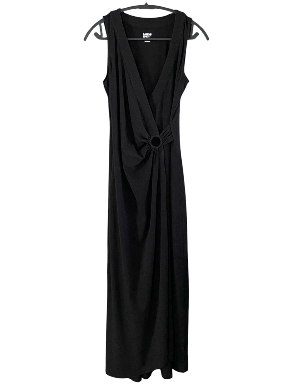 Lands’ End Black Faux Wrap Maxi Dress XS V Neck Tulip Hem Ruched Sleeveless - Picture 3 of 7